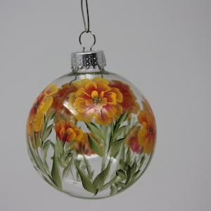 Hand painted Round Glass Christmas Ornament, Marigold design floral ornament