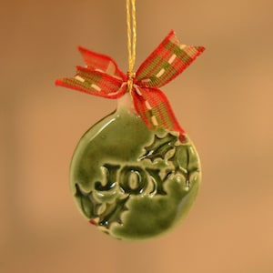Small Green Holly JOY Christmas Ornament - Handmade Ceramic