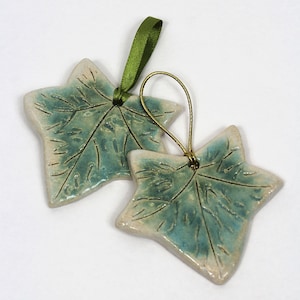 Handmade Green Ivy Leaf Ceramic Hanging Decoration: Rustic Pottery Ornament