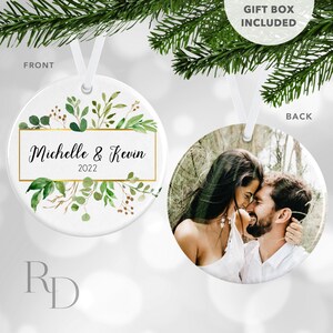 Green Leaves Custom Couples Christmas Ornament, Greenery Christmas Ornament, Our First Christmas Ornament, Green Floral, Personalized