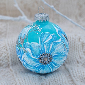 Hand Painted Christmas Ornament Floral Christmas Ornament 3D Christmas Ornament Satin Bow