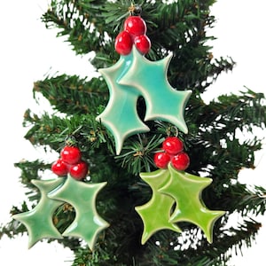 holly leaves Christmas ornaments, pottery ornaments, ceramic ornaments, Christmas decor, botanical decor, tree ornaments, stocking stuffer