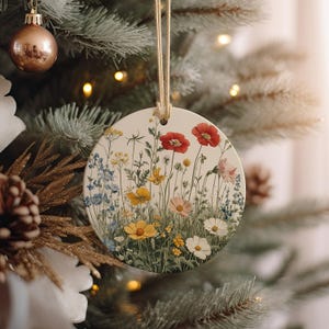 Botanical Ceramic Ornament, Wildflower Illustration, Handmade Decor, Unique Gift, Nature Lover, Christmas Ornament Gift