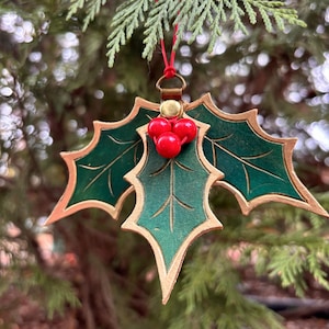 Holly Leaf Mistletoe Leather Ornament