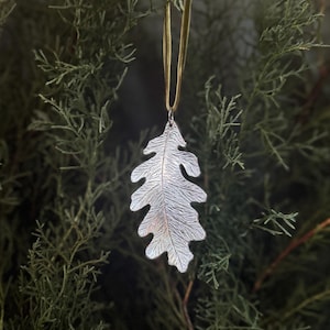 Handmade Ornament, Oak Leaf, Pewter,  Velvet Ribbon, silver