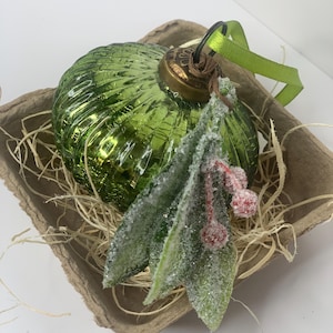 Ornament, Green Mercury Glass, Frosted Leaves and Berries, Christmas Decoration