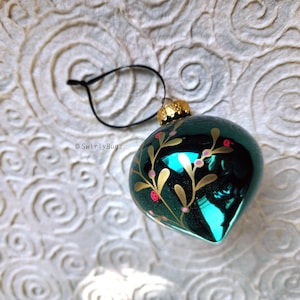 3" Shiny teal green droplet ornament, gold leaves with ladybugs