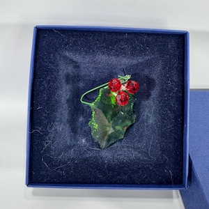 Swarovski Crystal Holly Leaf Ornament in Box – 2 in Green Leaf with Red Berries Holiday Tree Decor, Fancy Gift Ready